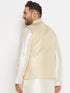Vastramay Men's Plus Size Cream and Gold Jacquard Nehru Jacket